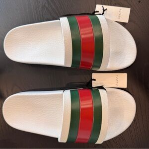 Gucci White Slides with Green and Red Stripes